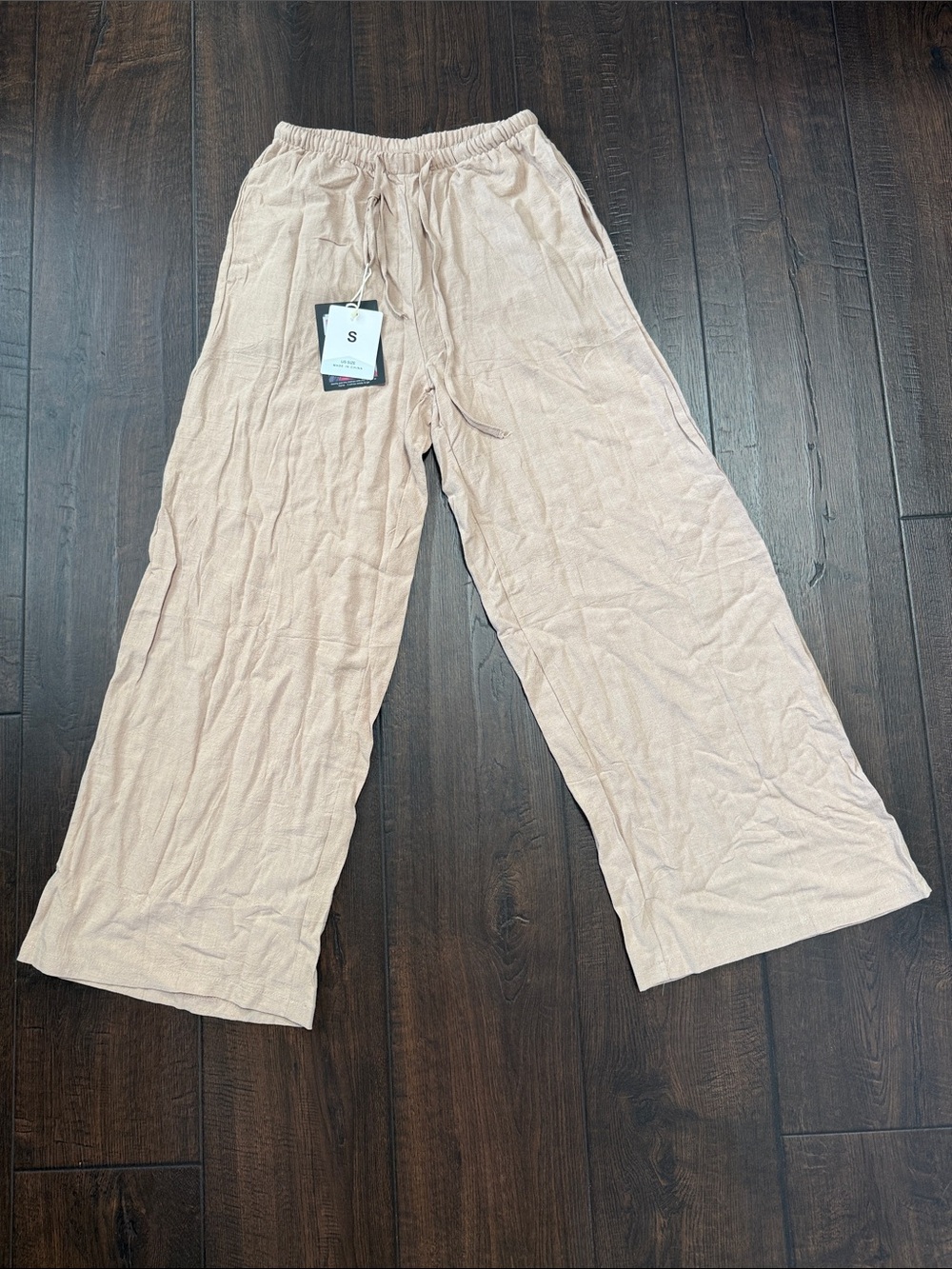 Fashion Linen blend Women's Wide-Leg Drawstring Pants - camel Small NWT